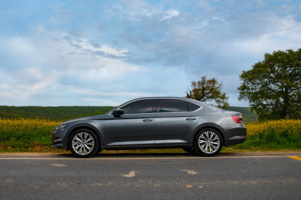 Sleek modern sedan parked on a scenic countryside road in Edirne, Türkiye.